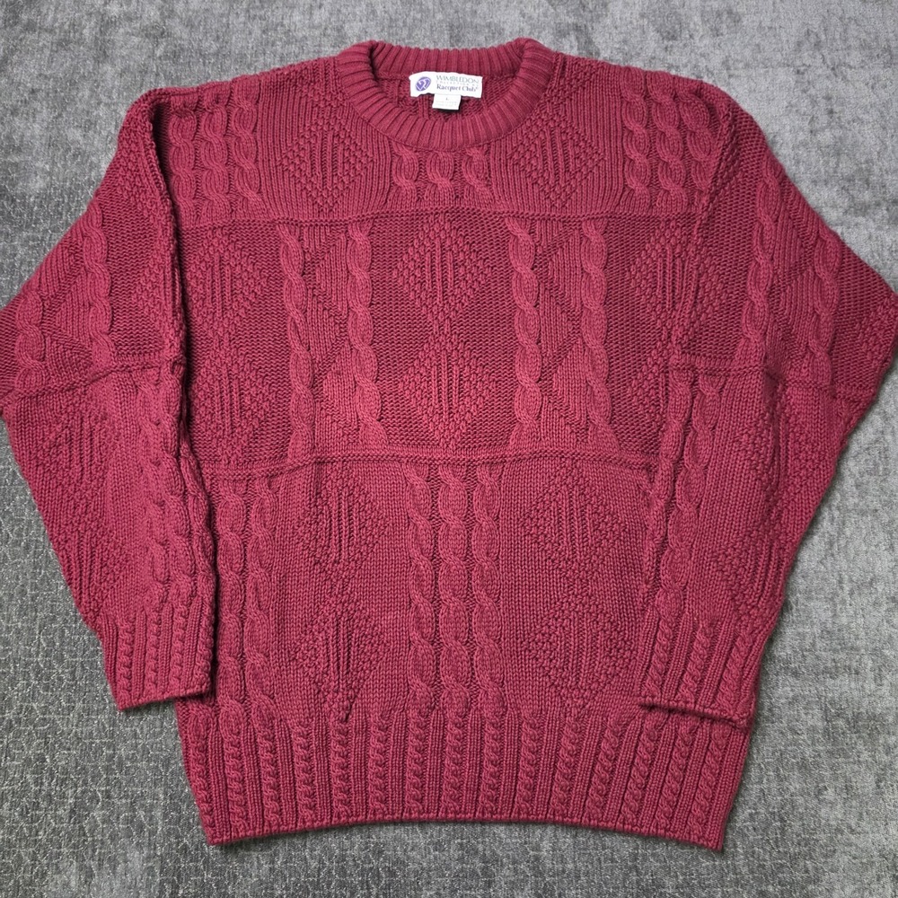 Vtg Made In USA Cable Knit Sweater Mens Large Wimbledon By Racquet Club Burgundy